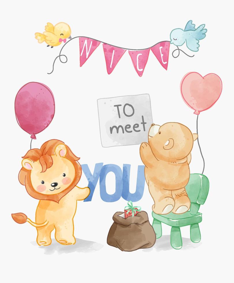 nice to meet you with cute animals party decoration illustration vector