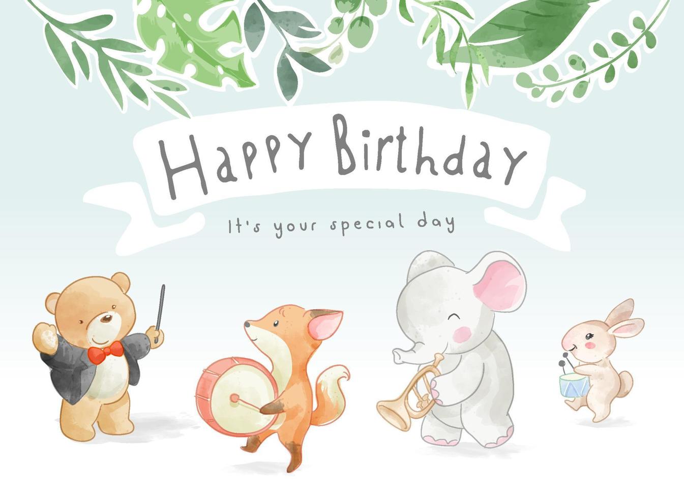 eslogan de feliz cumpleaños con ilustración de desfile de música de animales lindos vector