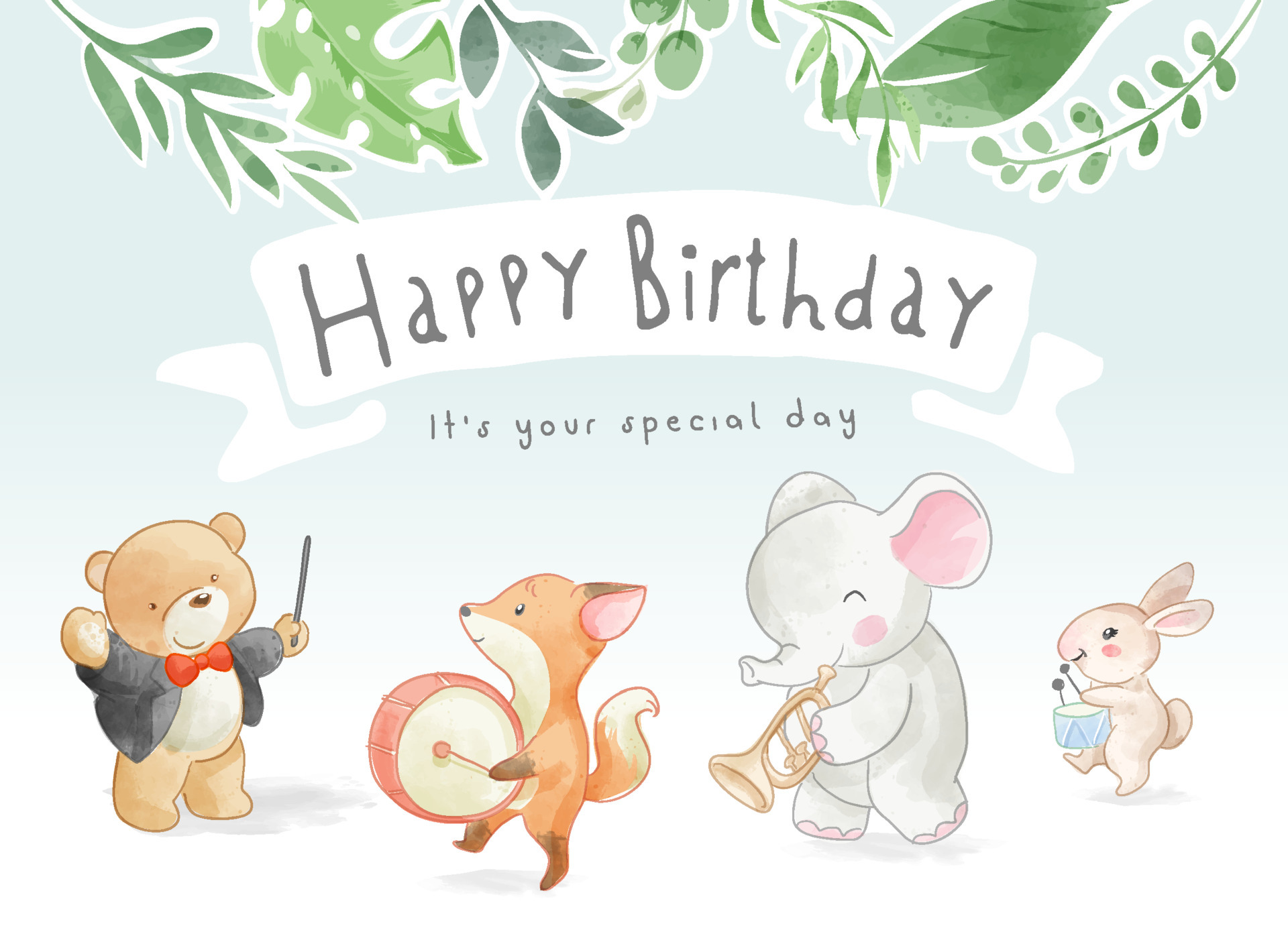 happy birthday slogan with cute animals music parade illustration ...