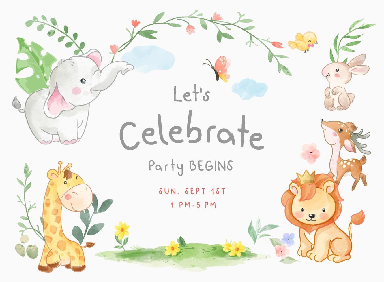 celebre la plantilla de tarjeta de fiesta con ilustración de animales lindos vector