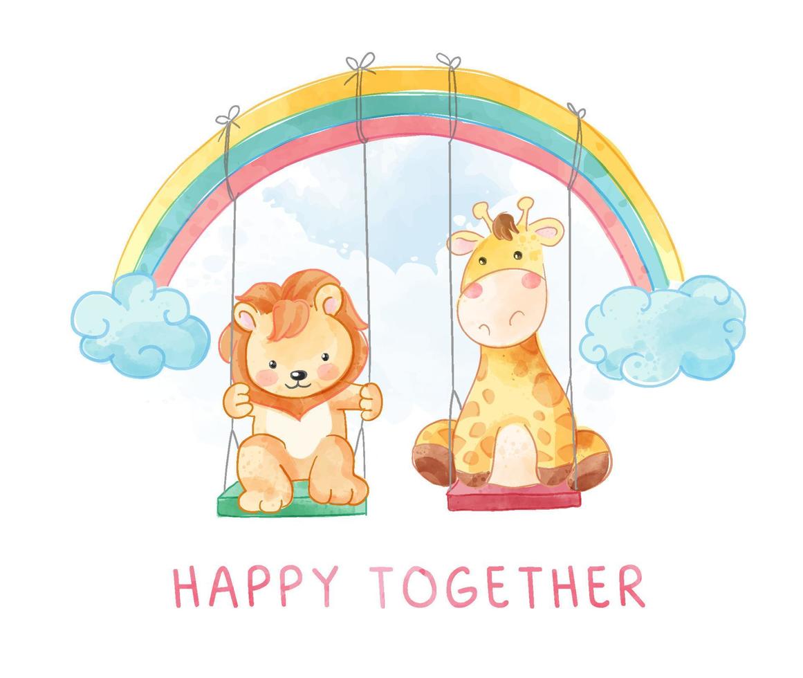 happy together slogan with cartoon lion and giraffe playing swing illustration vector