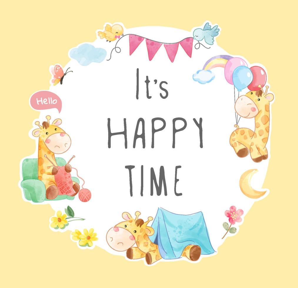 happy time slogan in cute giraffe circle frame illustration vector