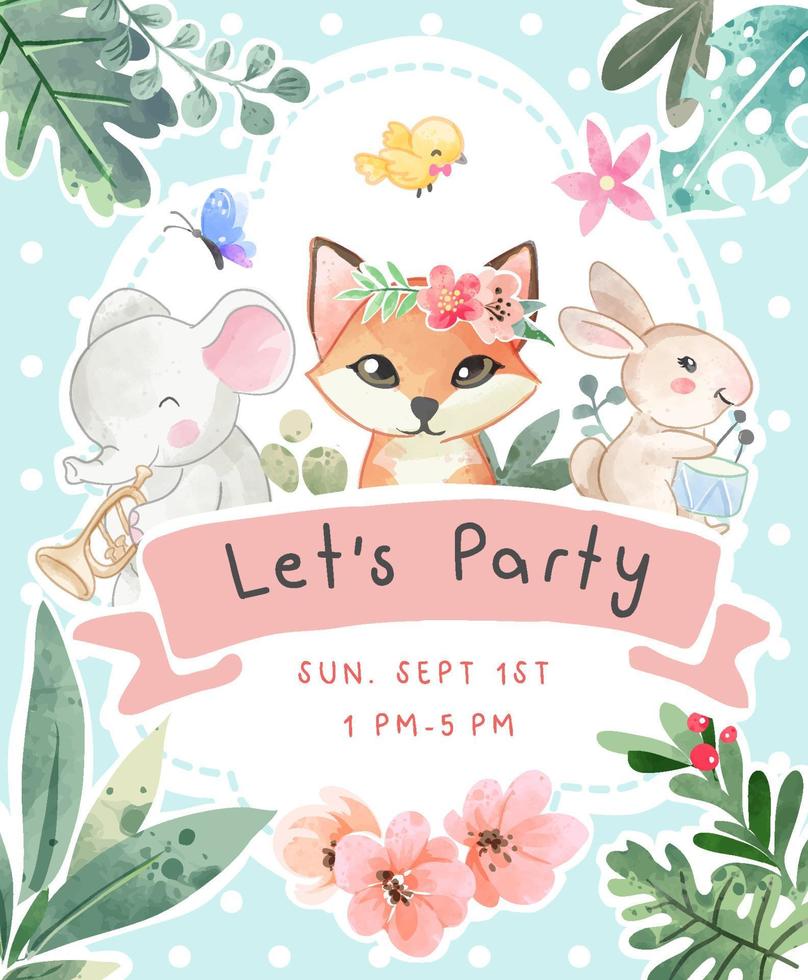 plantilla de tarjeta de fiesta con animales lindos y flores de colores ilustración vector