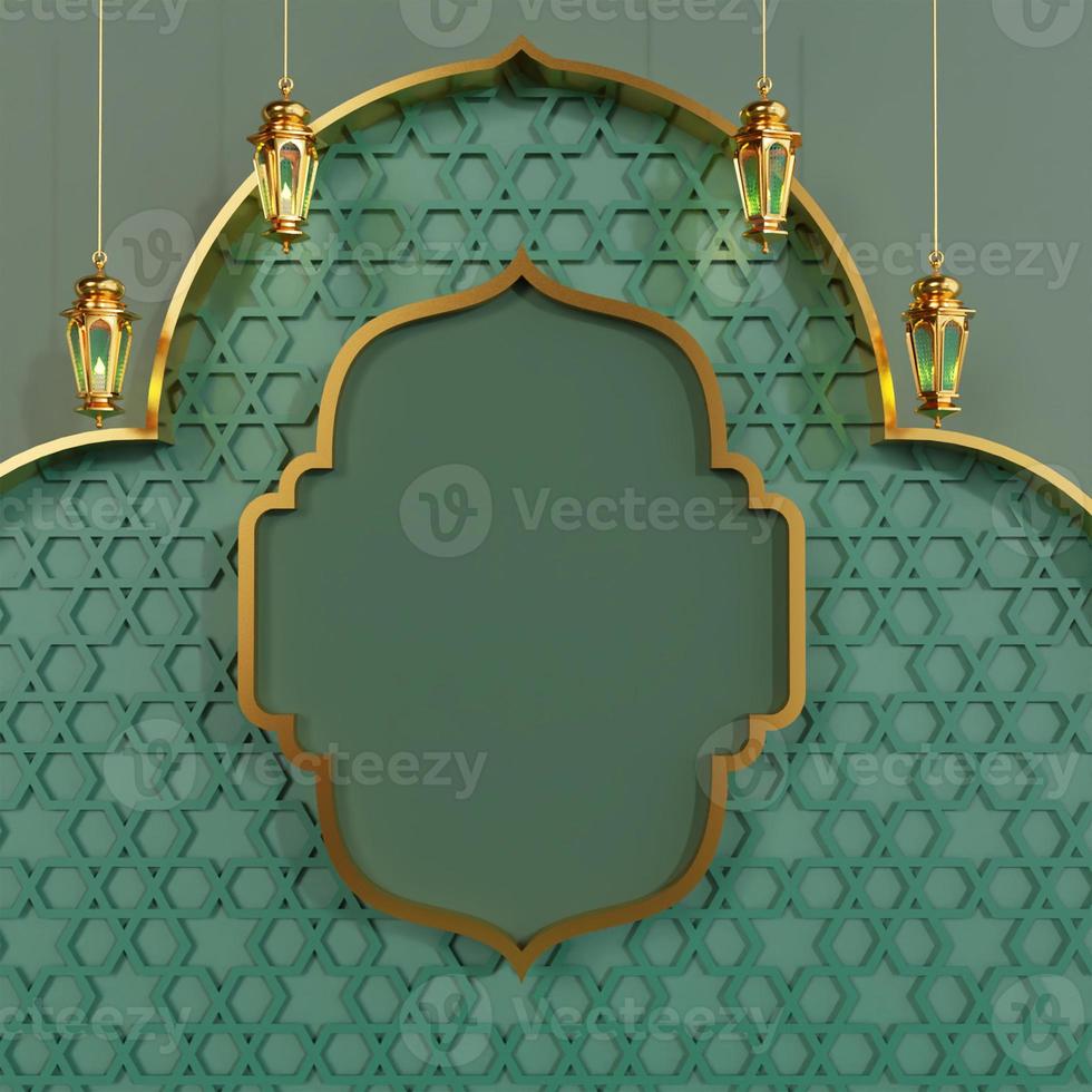 Ramadan Kareem greeting template with arabic lanterns and moon on the background for advertising products - 3d rendering illustration for cards, greetings. photo