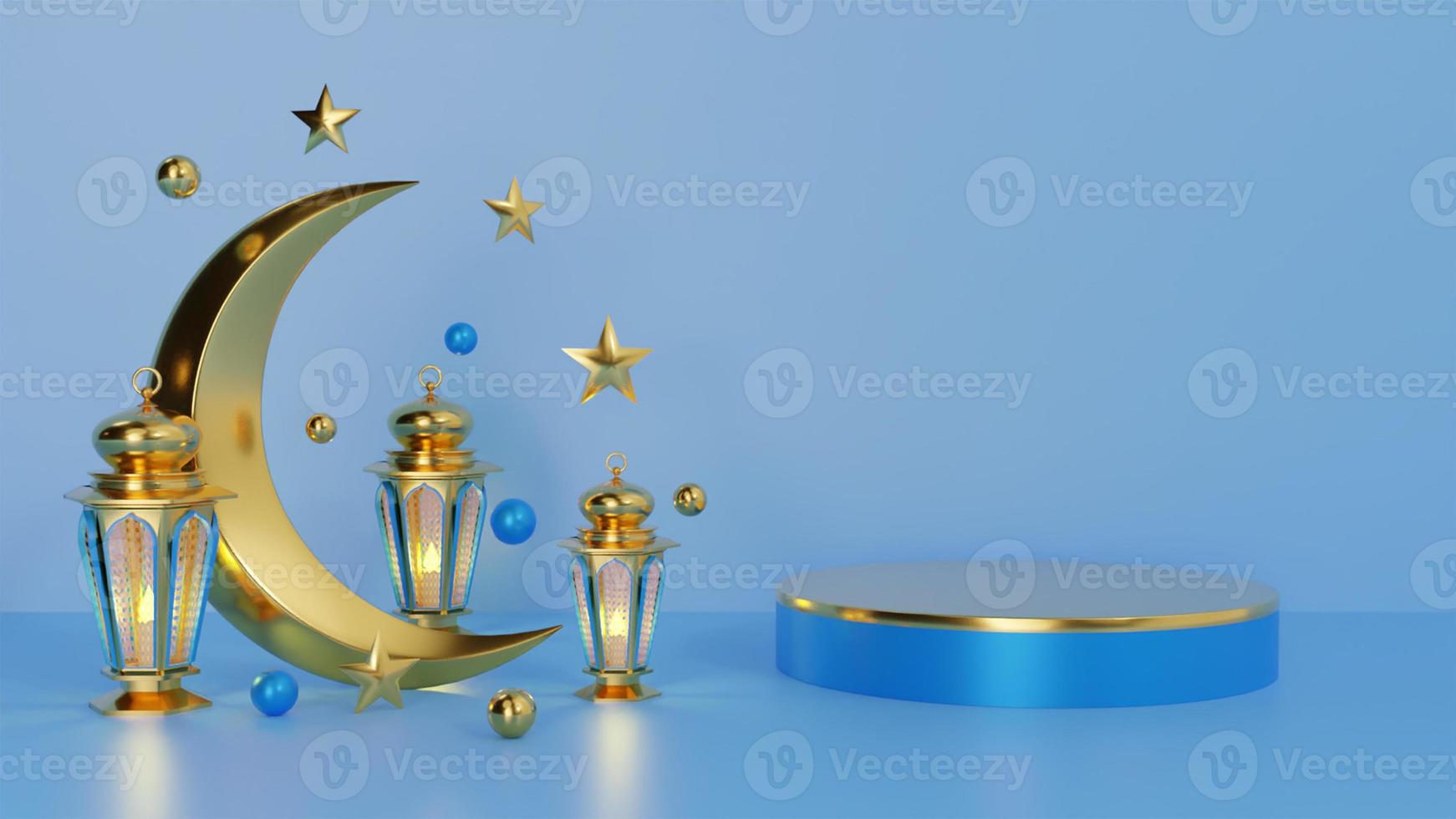 Ramadan Kareem greeting template with arabic lanterns, drum, shopping bag, percent symbol and trolley. Podium standing on the background for advertising products - 3d rendering illustration for cards. photo