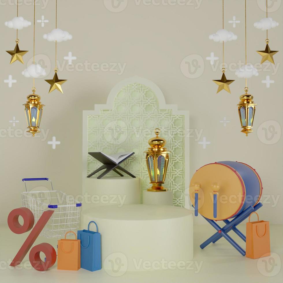 Ramadan Kareem greeting template with arabic lanterns, drum, shopping bag, percent symbol and trolley. Podium standing on the background for advertising products - 3d rendering illustration for cards. photo