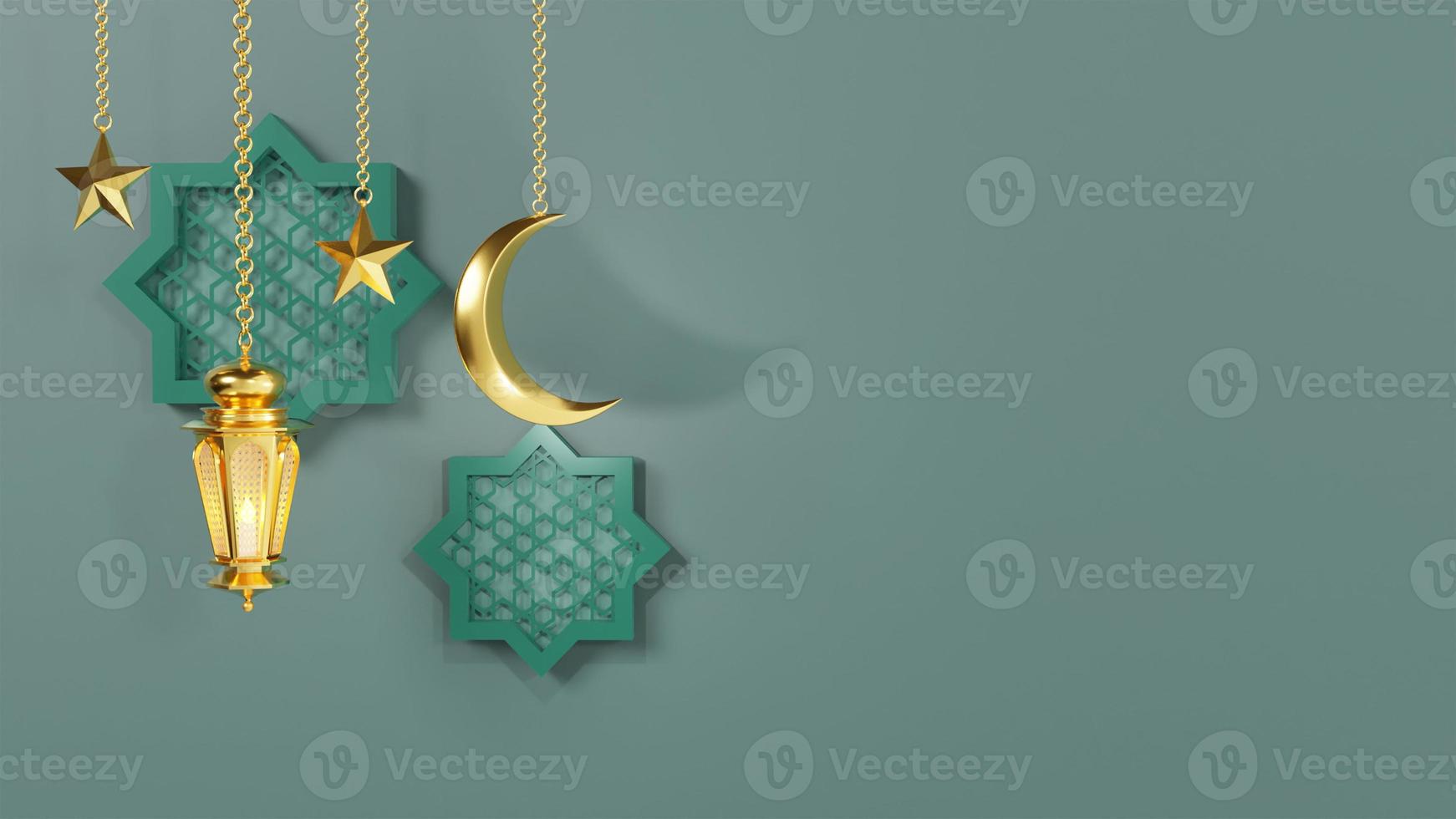 Ramadan Kareem greeting template with arabic lanterns and moon on the background for advertising products - 3d rendering illustration for cards, greetings. photo