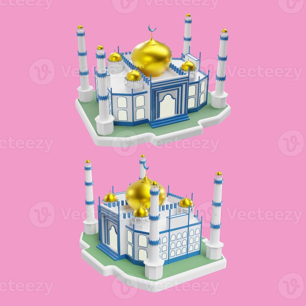 Mosque isolated on pink background, ramadan kareem, mawlid, iftar, isra miraj, eid al fitr adha, muharram decoration, 3D rendering illustration. photo