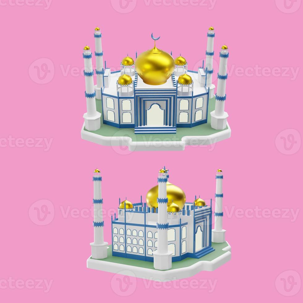 Mosque isolated on pink background, ramadan kareem, mawlid, iftar, isra miraj, eid al fitr adha, muharram decoration, 3D rendering illustration. photo