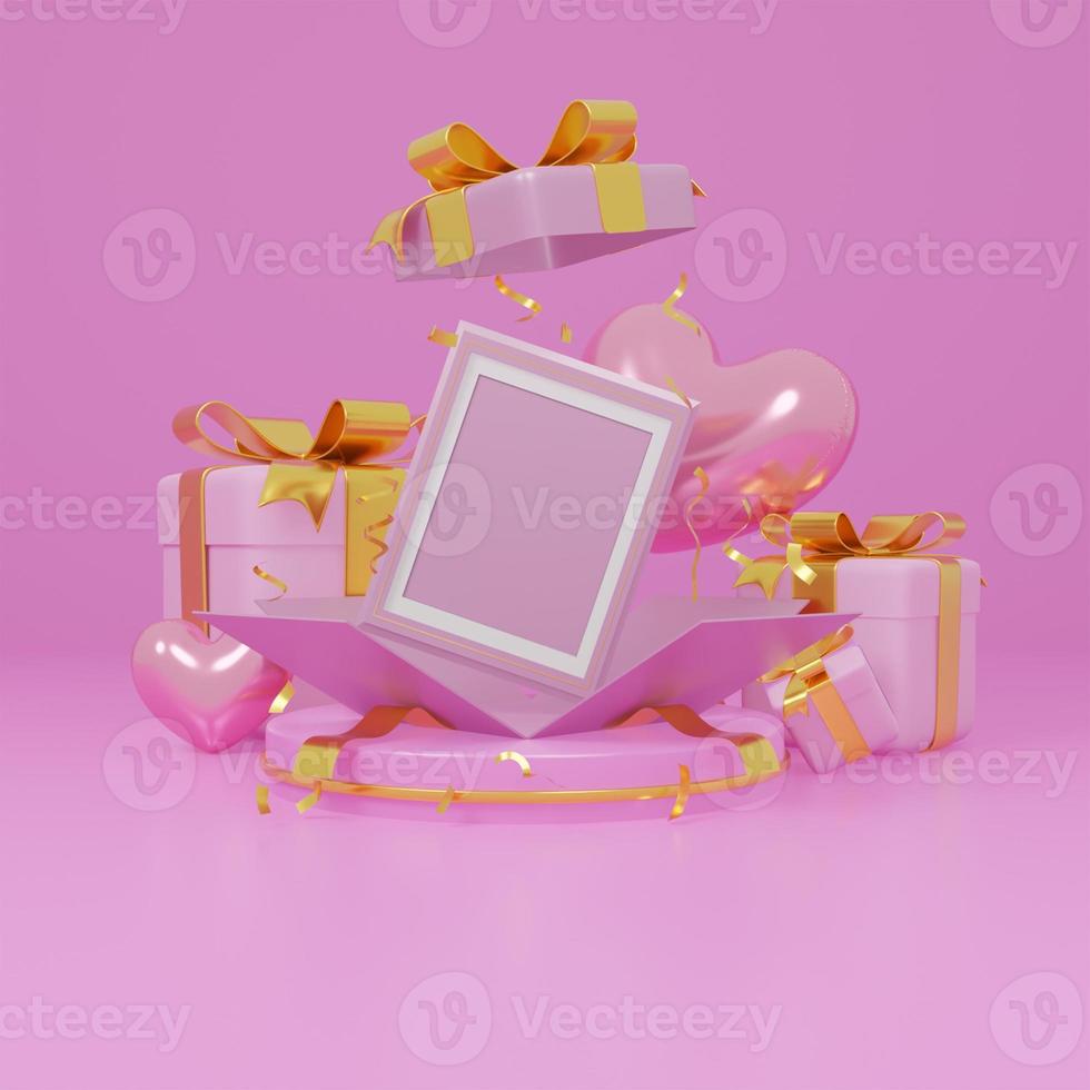 Surprise gift box with photo frame, can be used for happy birthday and mother's day, 3D Render Illustration