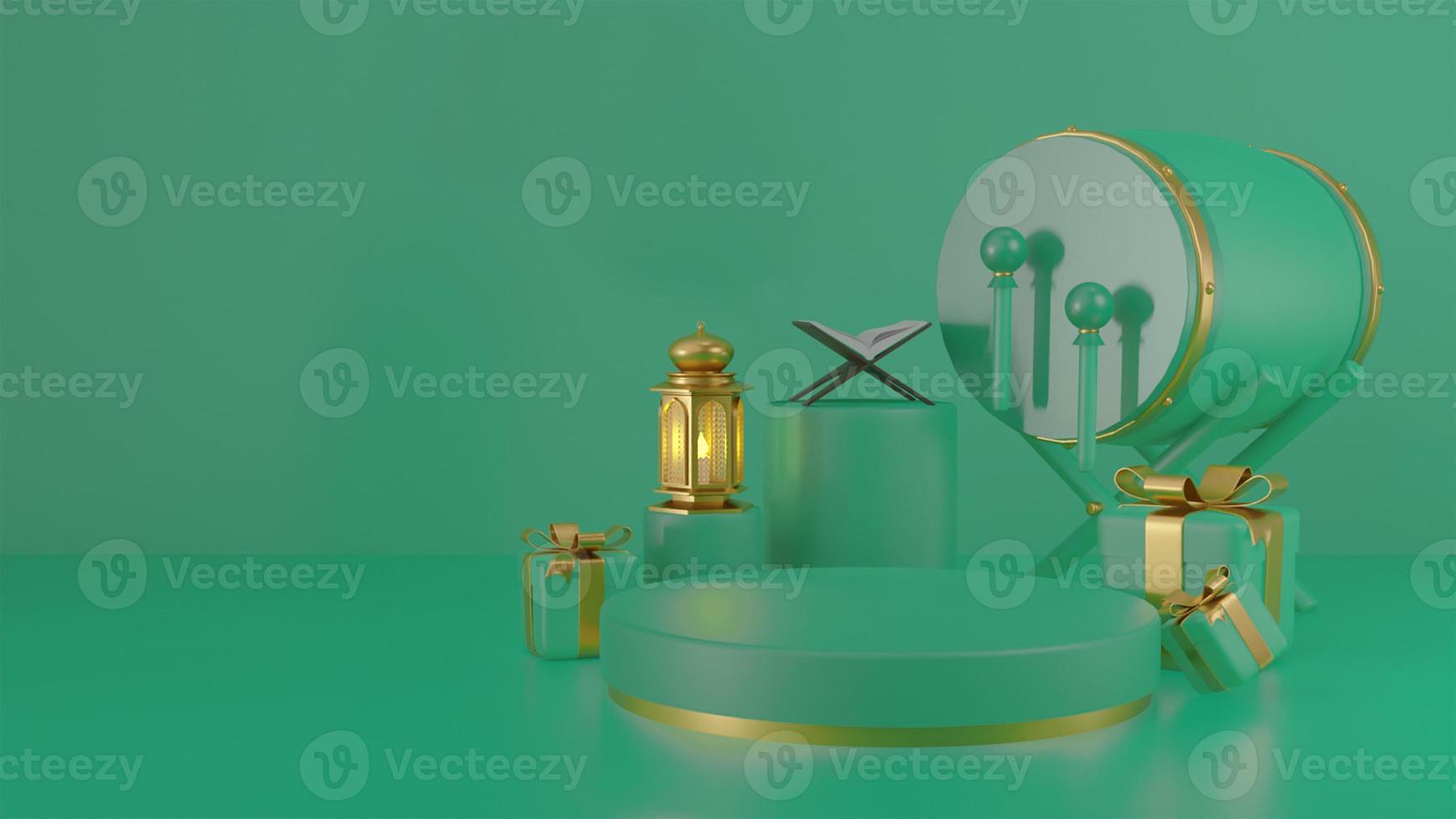 Ramadan Kareem greeting template with arabic lanterns, drum, shopping bag, percent symbol and trolley. Podium standing on the background for advertising products - 3d rendering illustration for cards. photo