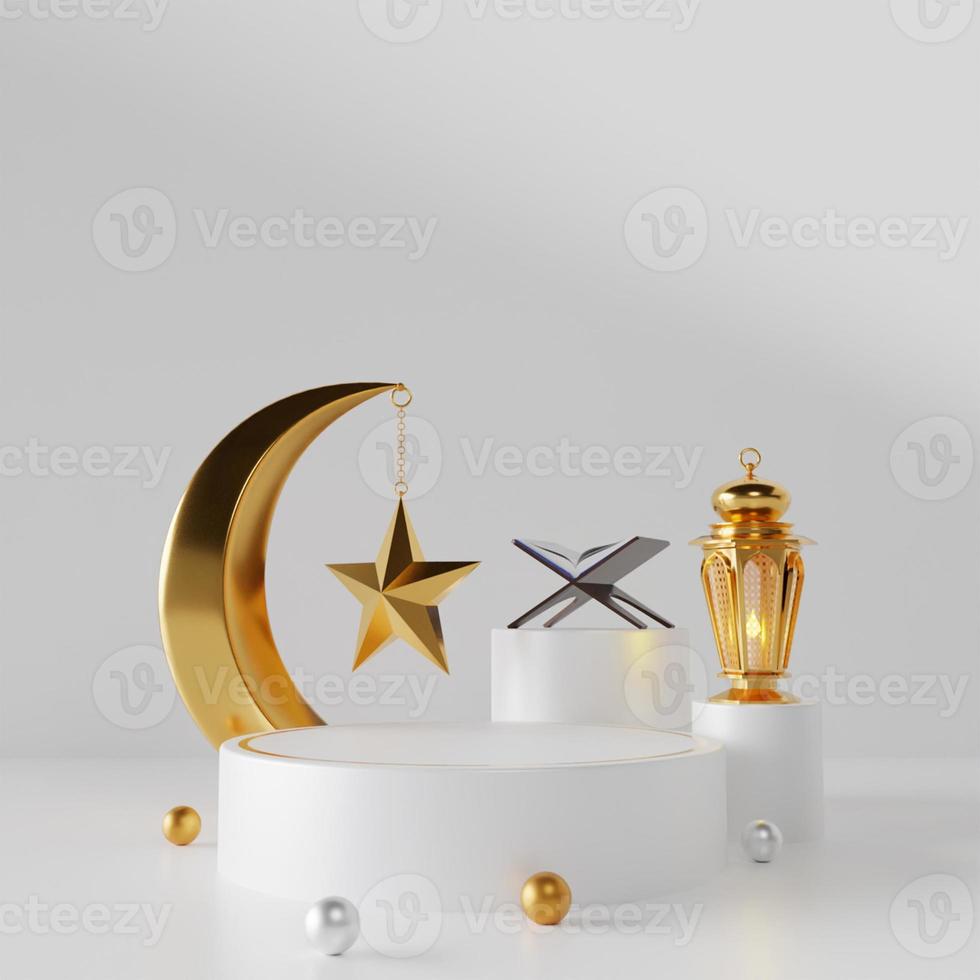 Ramadan Kareem greeting template with arabic lanterns, drum, shopping bag, percent symbol and trolley. Podium standing on the background for advertising products - 3d rendering illustration for cards. photo
