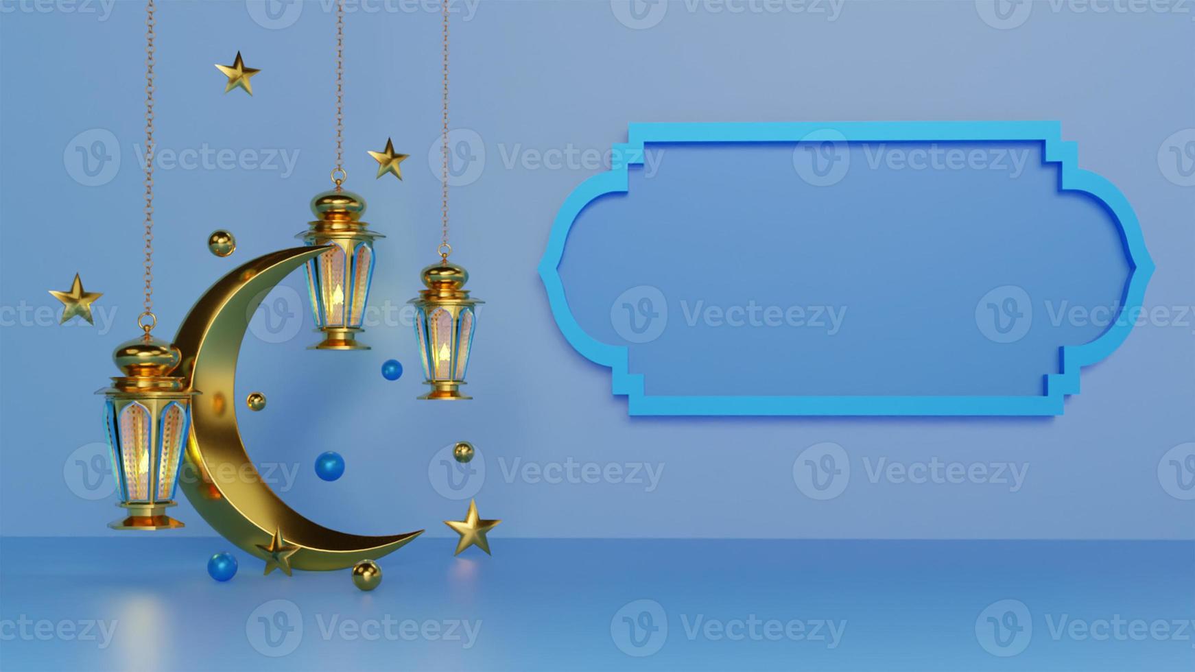 Ramadan Kareem greeting template with arabic lanterns and moon on the background for advertising products - 3d rendering illustration for cards, greetings. photo