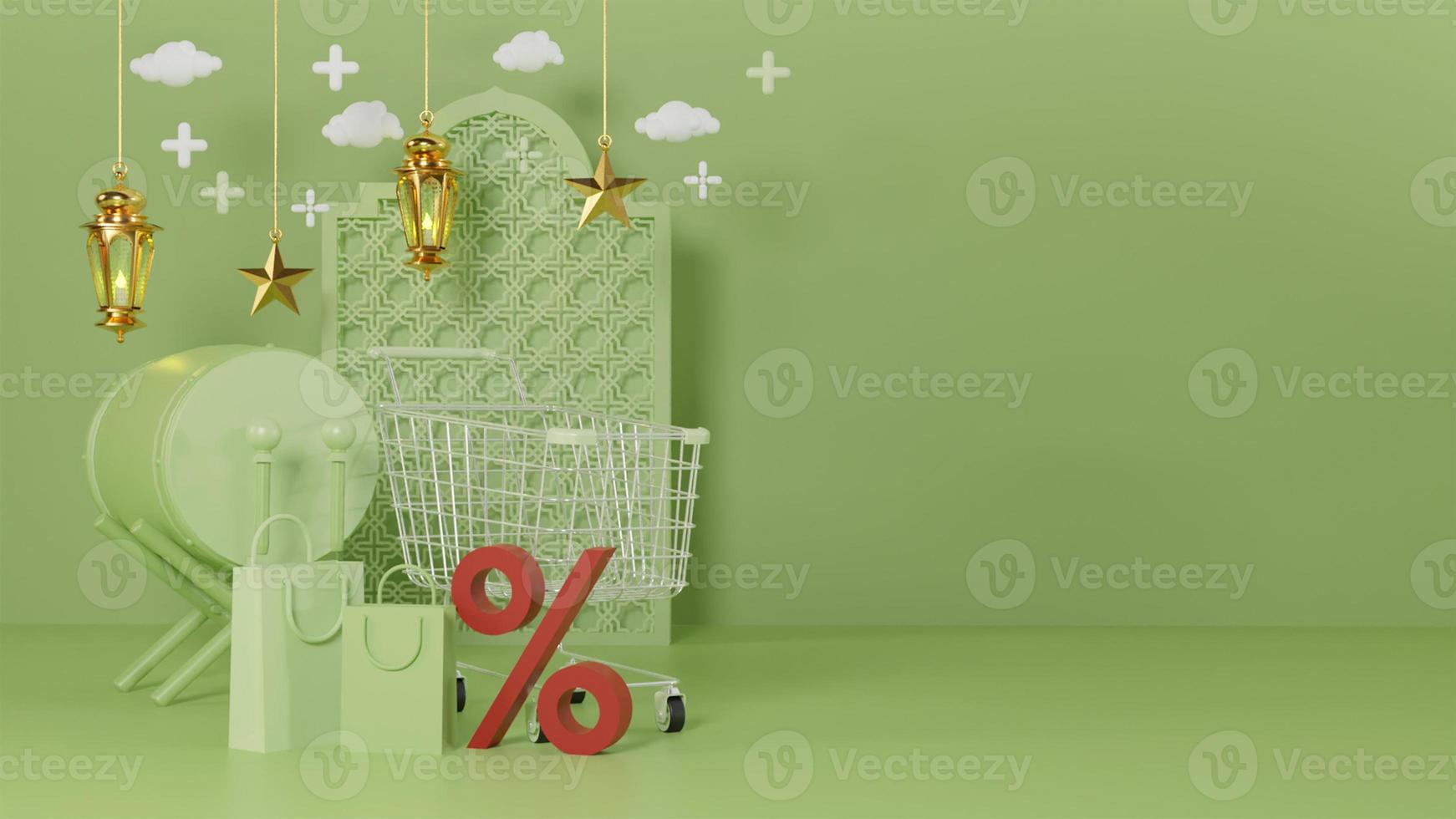 Ramadan Kareem greeting template with arabic lanterns, drum, shopping bag, percent symbol and trolley. Podium standing on the background for advertising products - 3d rendering illustration for cards. photo