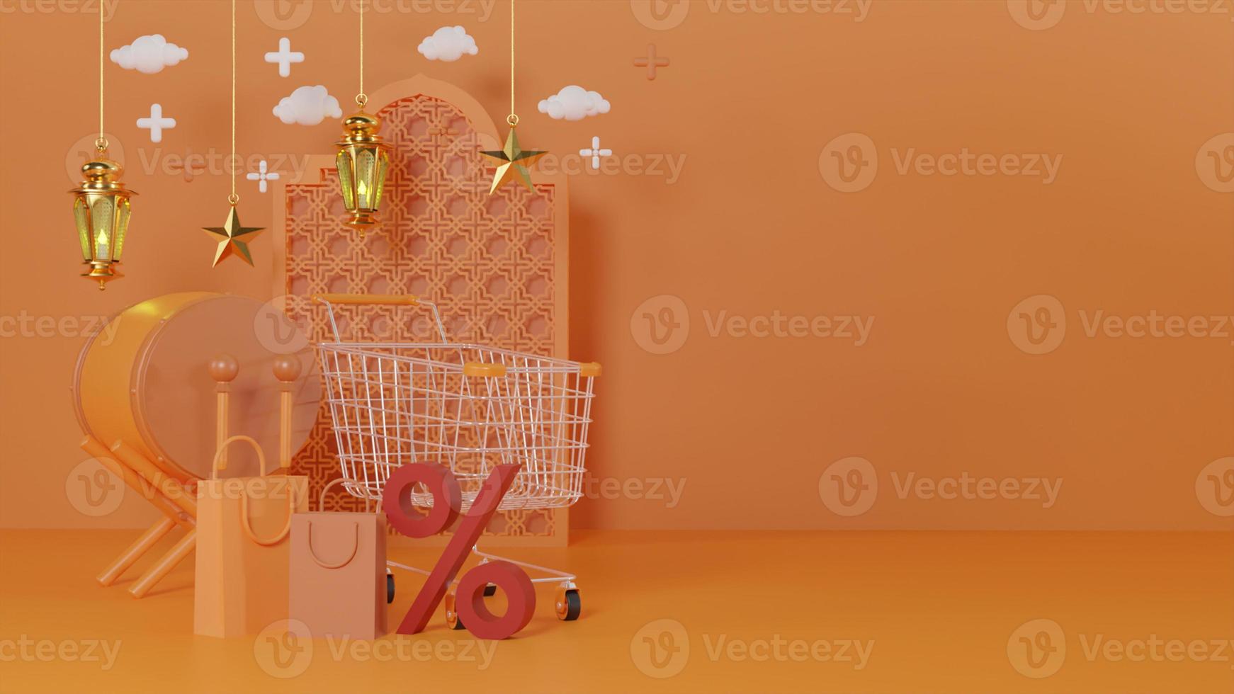 Ramadan Kareem greeting template with arabic lanterns, drum, shopping bag, percent symbol and trolley. Podium standing on the background for advertising products - 3d rendering illustration for cards. photo