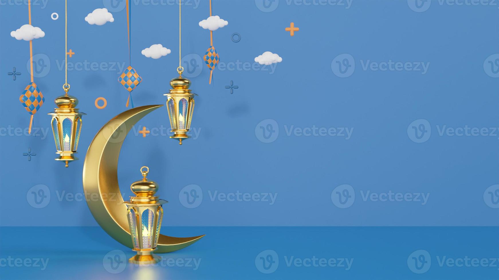 Ramadan Kareem greeting template with arabic lanterns and moon on the background for advertising products - 3d rendering illustration for cards, greetings. photo