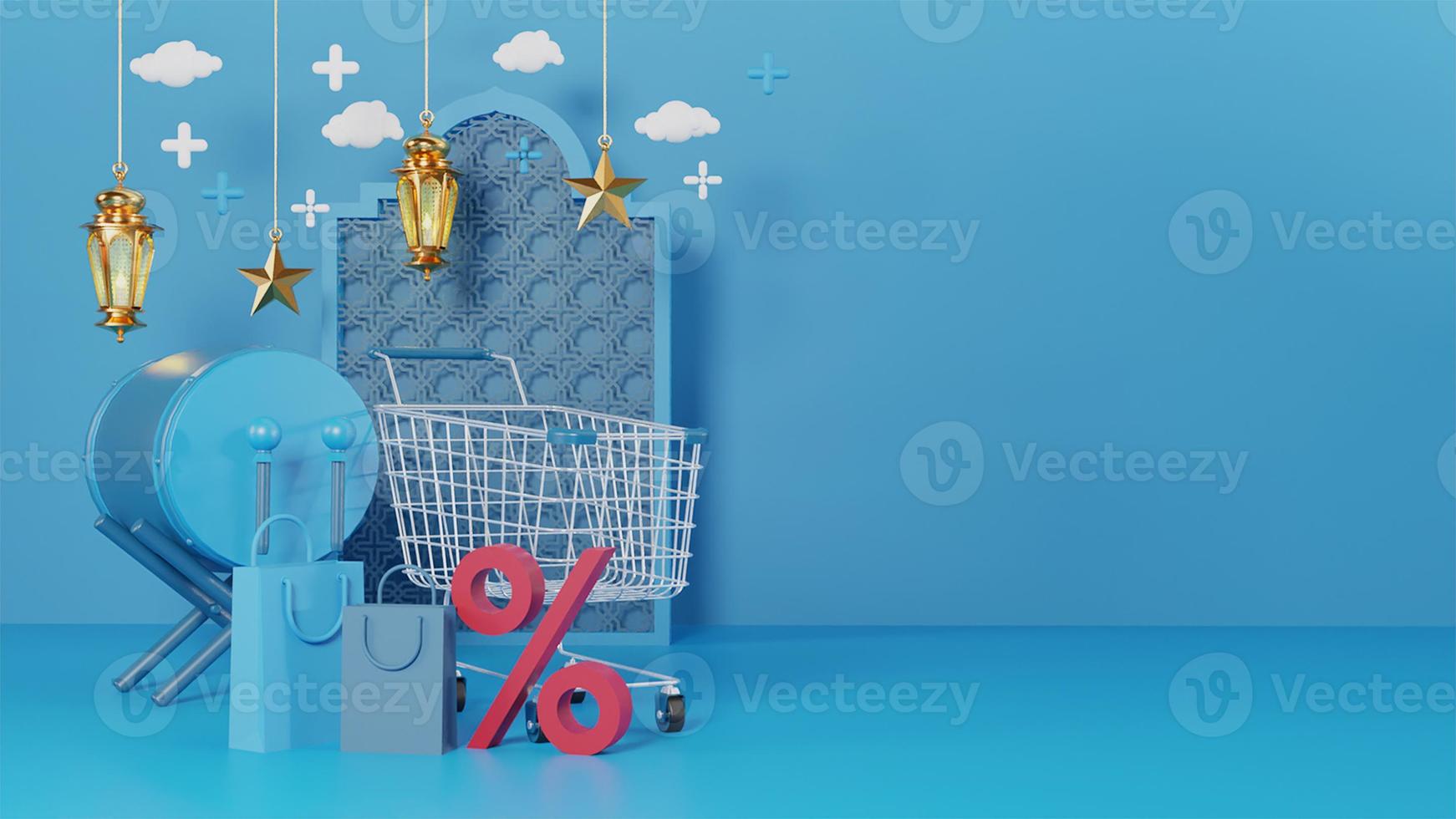 Ramadan Kareem greeting template with arabic lanterns, drum, shopping bag, percent symbol and trolley. Podium standing on the background for advertising products - 3d rendering illustration for cards. photo