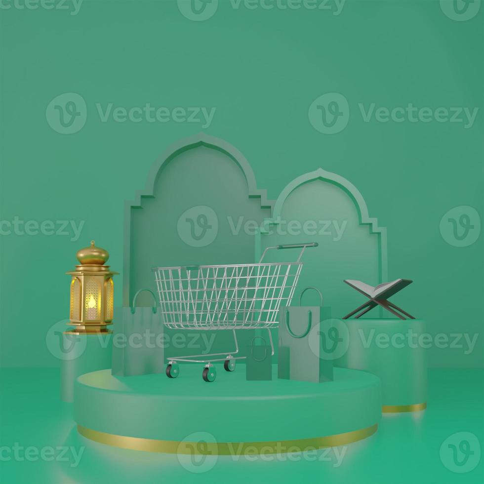 Ramadan Kareem greeting template with arabic lanterns, drum, shopping bag, percent symbol and trolley. Podium standing on the background for advertising products - 3d rendering illustration for cards. photo