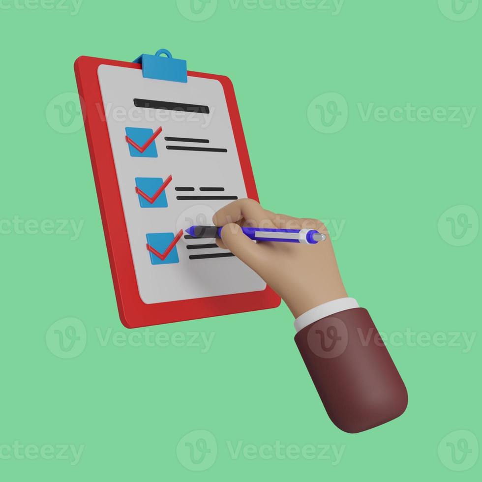 3d render hand holding ballpoint with checklist and markers, business illustration photo