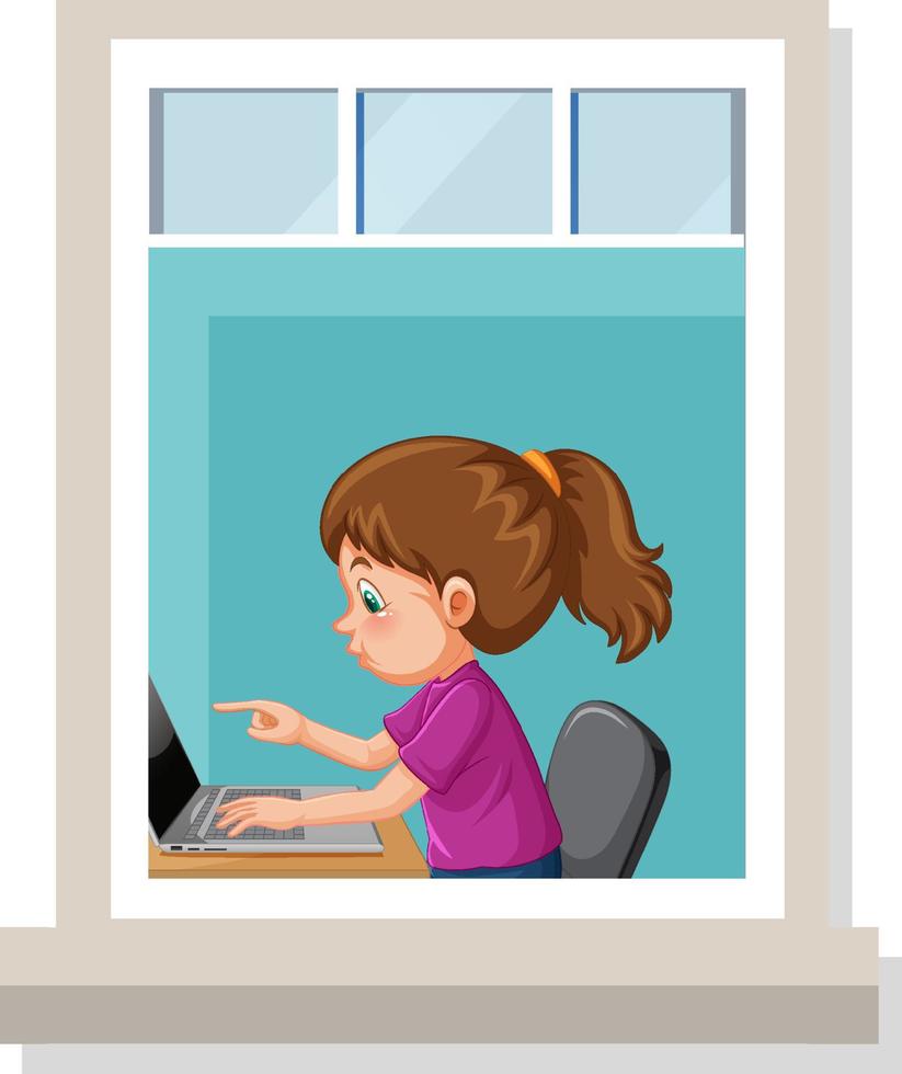 View through the window of a girl using laptop vector