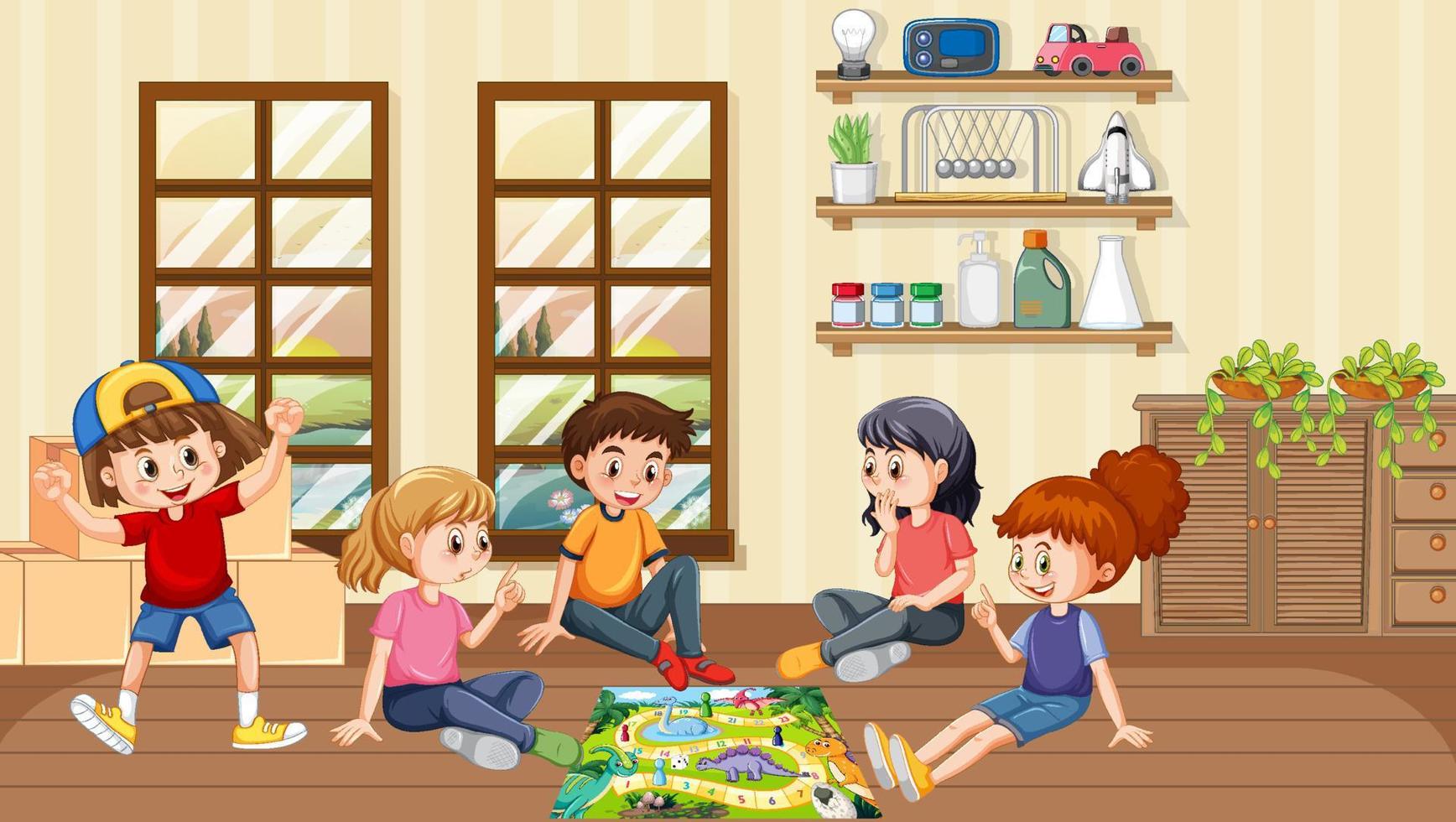 niños jugando juegos de mesa en la habitación vector