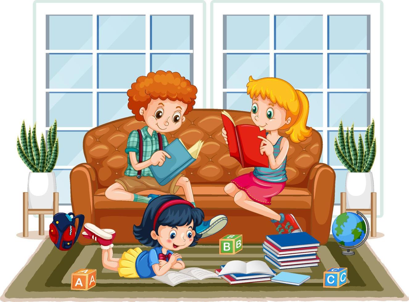 niños leyendo libros en casa vector