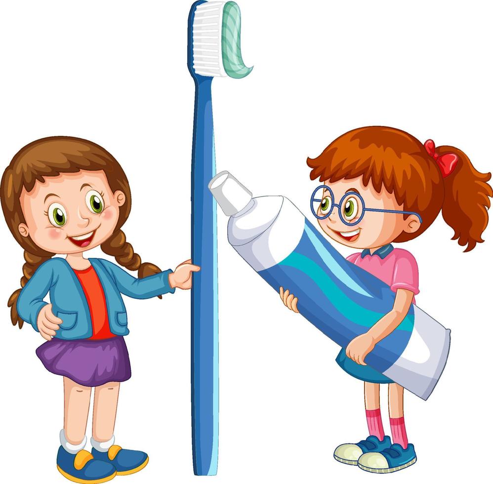 niños con pasta de dientes y cepillo de dientes sobre fondo blanco vector