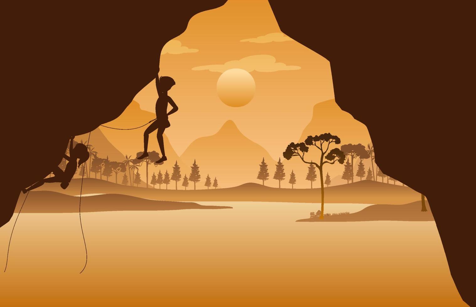 Flat silhouette rock climbing in nature background vector