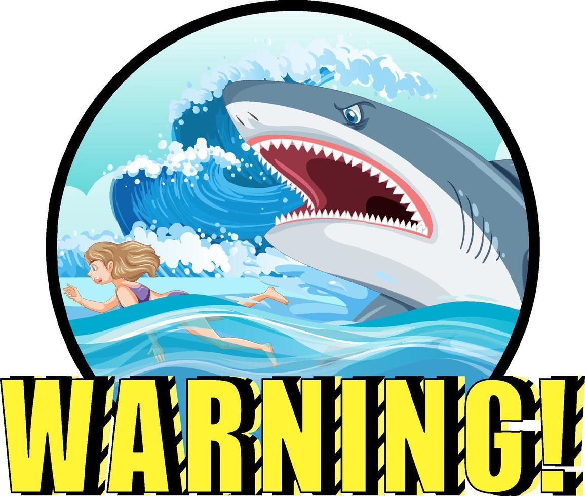 un logotipo marino con un gran tiburón azul y un texto de advertencia vector