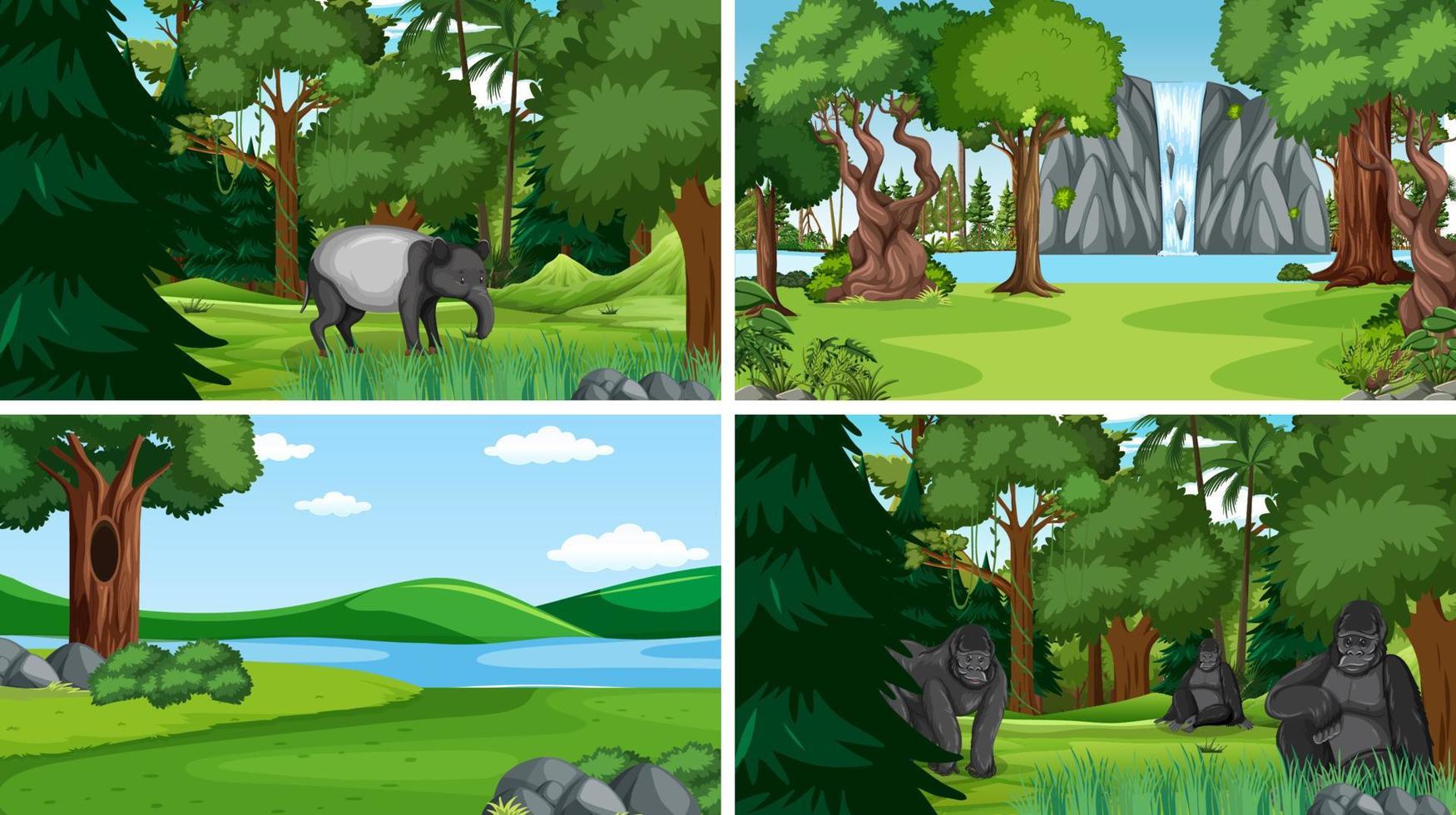 cuatro escenas con animales salvajes en el bosque vector