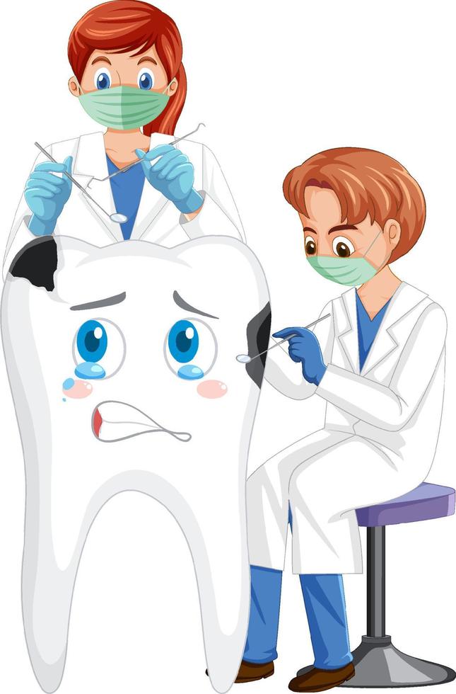 Dentists holding instruments and examining teeth decay on white background vector