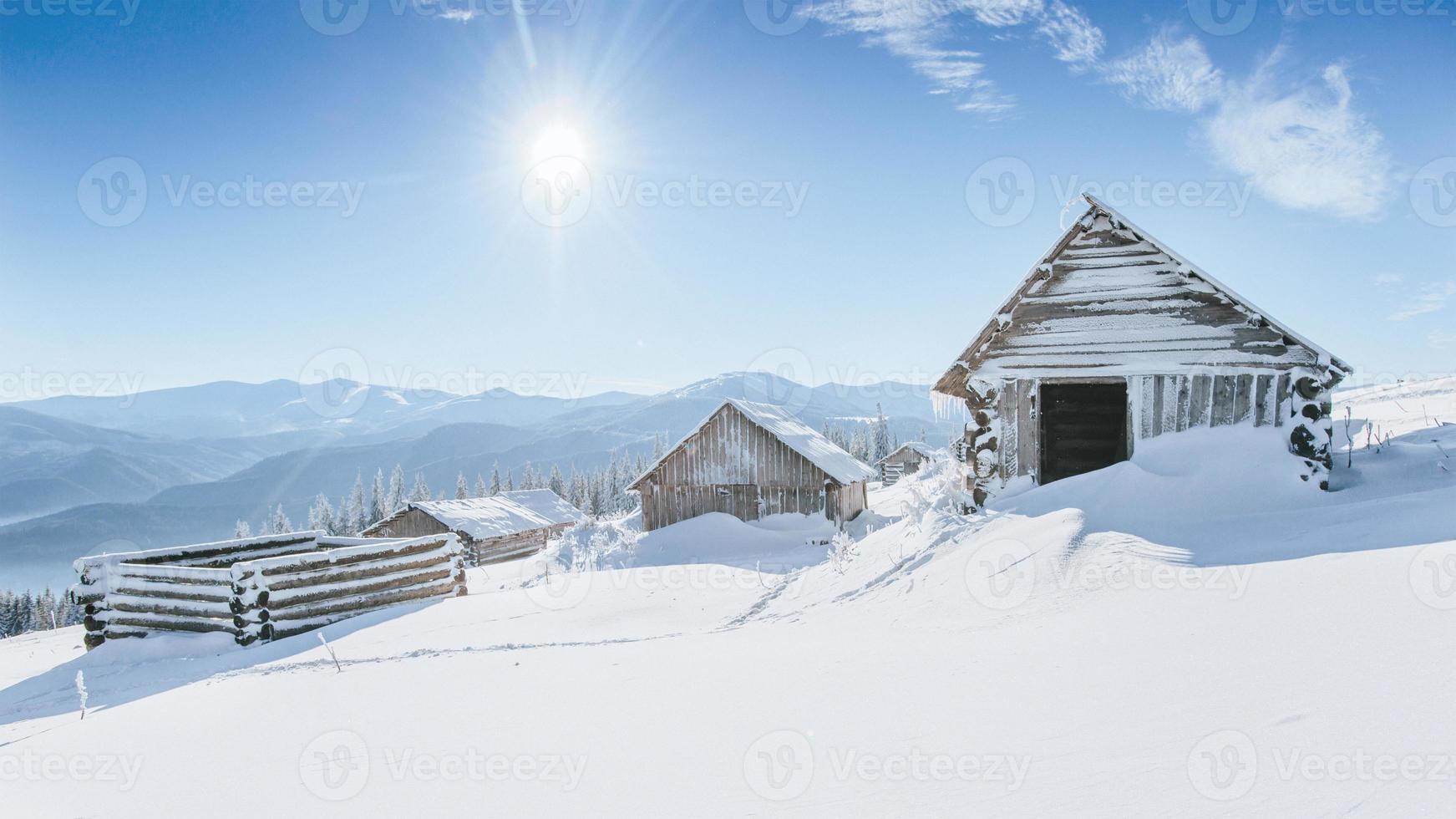 Mysterious winter landscape majestic mountains in winter. Magical winter snow covered tree. Winter road in the mountains. In anticipation of the holiday. Dramatic wintry scene. Carpathian. Ukraine photo