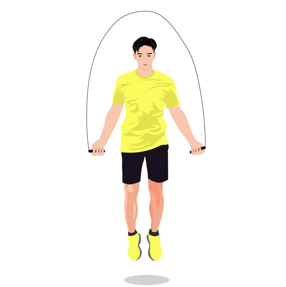 un hombre salta sobre una cuerda. una persona se dedica a los deportes, realiza ejercicios. pierde peso para el verano. entrenando con una herramienta, cardio. Aislado en un fondo blanco. vector