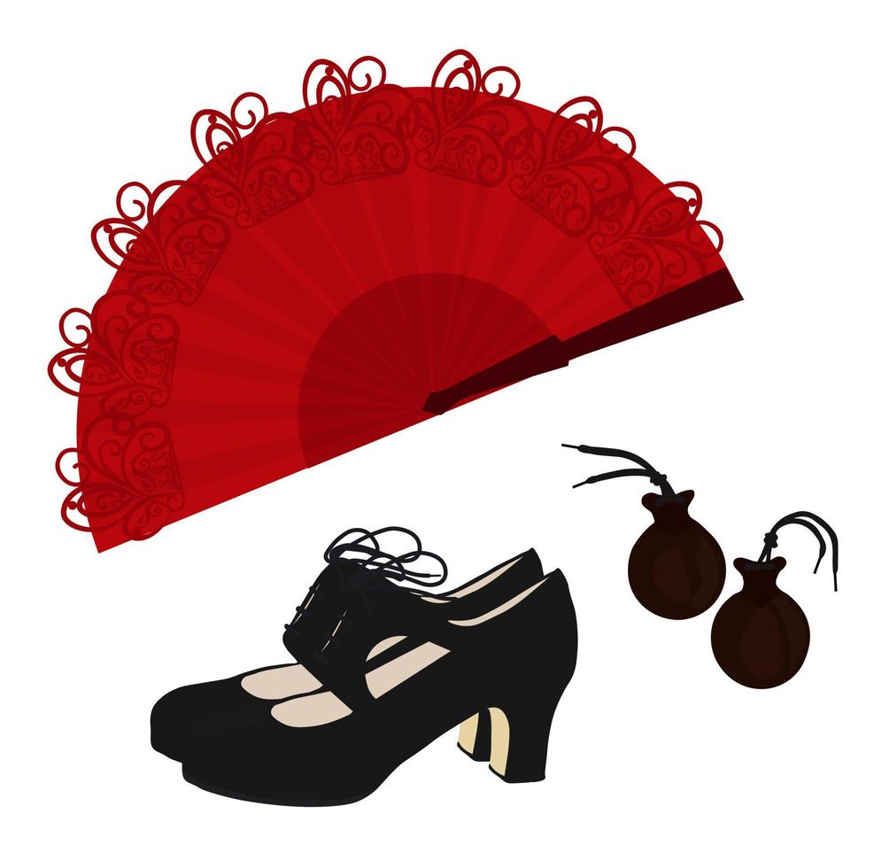 Set of flamenco icons vector stock illustration. Castanets, shoes, vane. Spanish traditional music. Isolated black silhouettes on a white background.