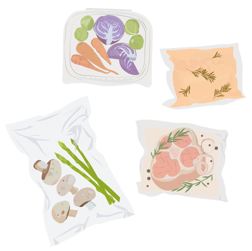 kits de comida vector stock ilustración. entrega de un conjunto de productos envasados para la cena. carne en escabeche en una bolsa de vacío y verduras. Aislado en un fondo blanco.