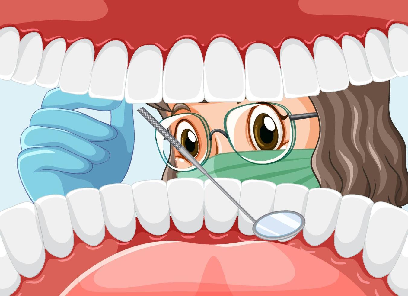 Dentist holding instruments examining patient teeth inside human mouth vector