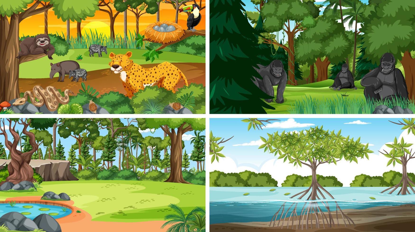 cuatro escenas con animales salvajes en el bosque vector