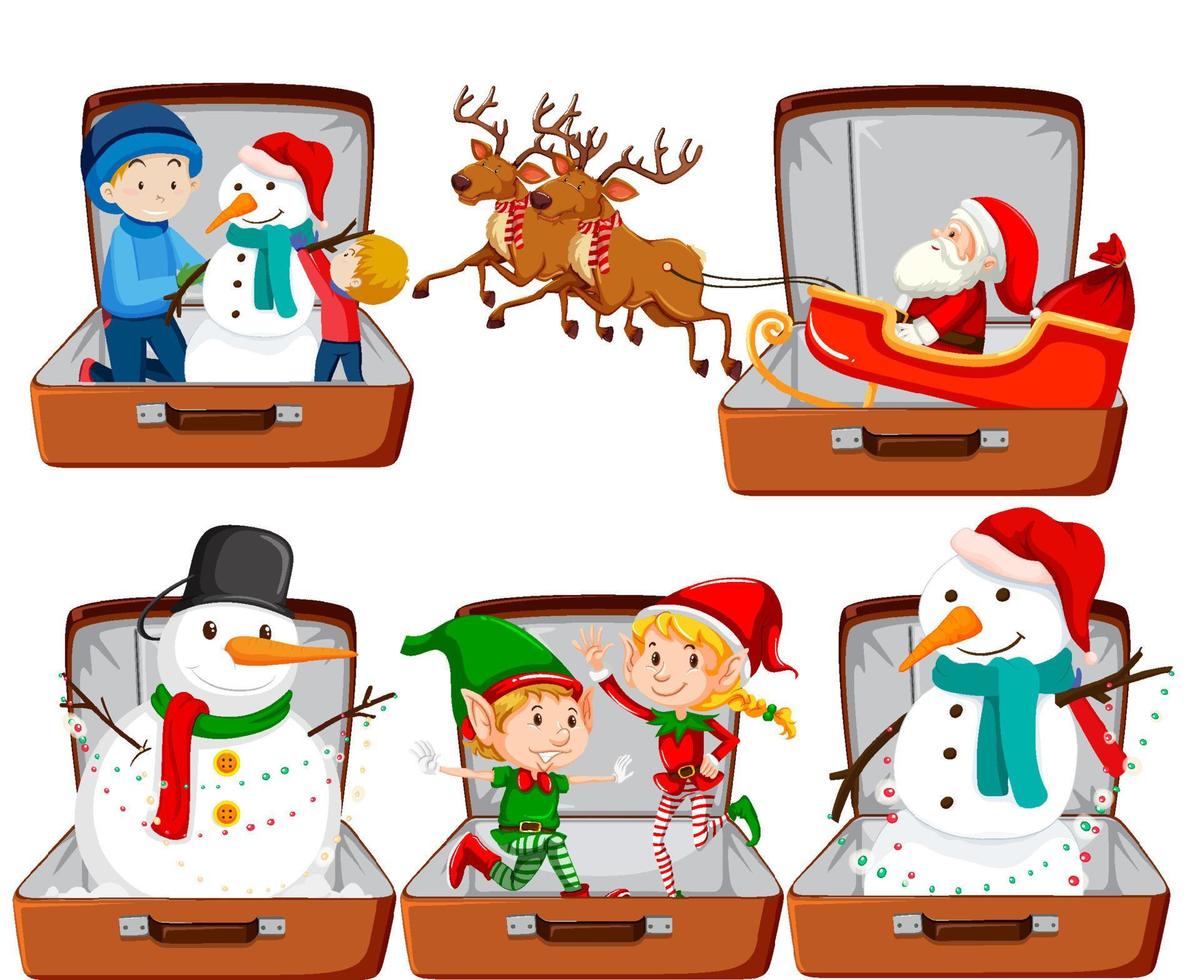 conjunto de tema navideño con santa, muñeco de nieve en el equipaje vector