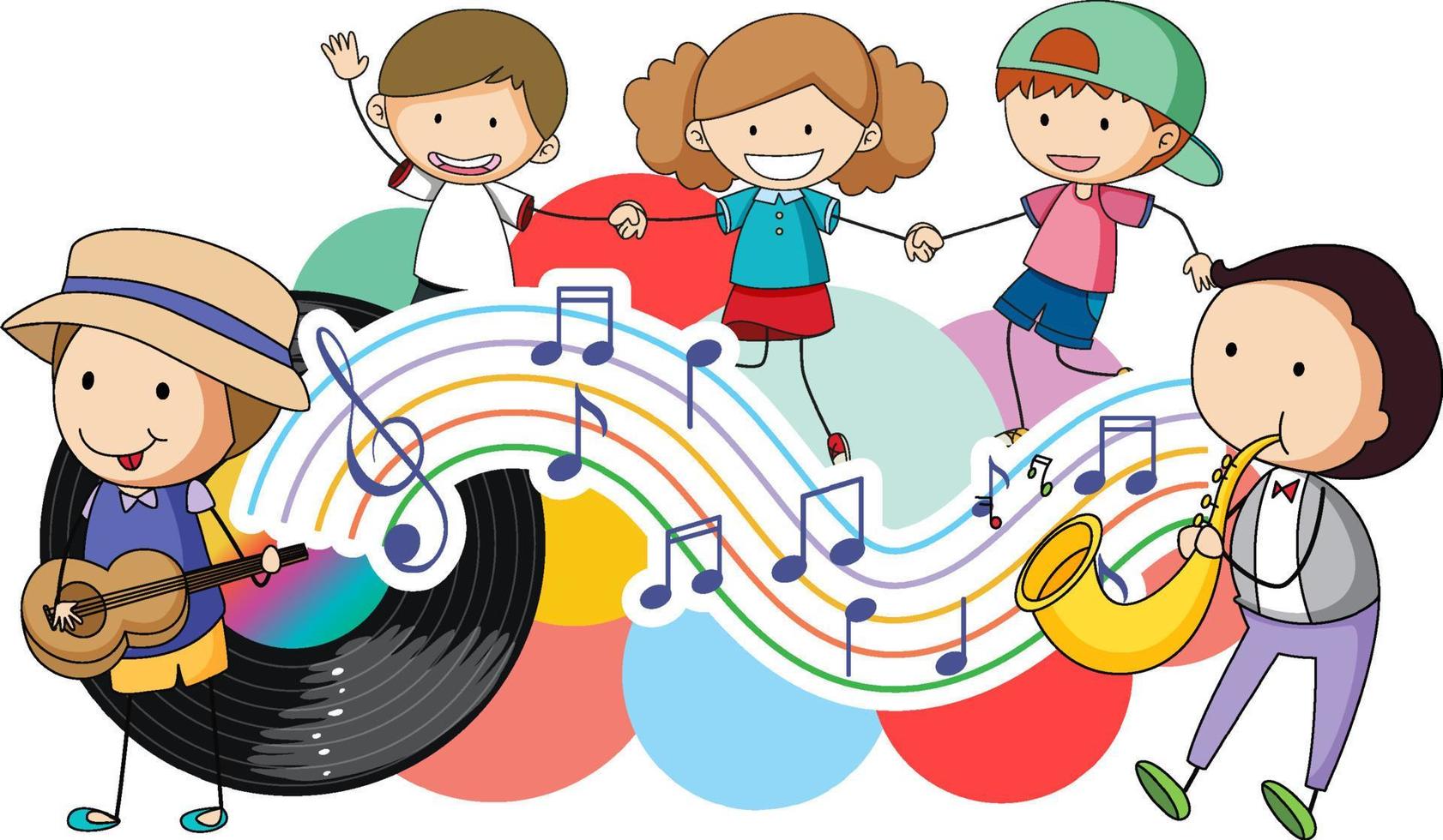 niños felices y notas musicales arcoiris colorido con disco de vinilo sobre fondo blanco vector