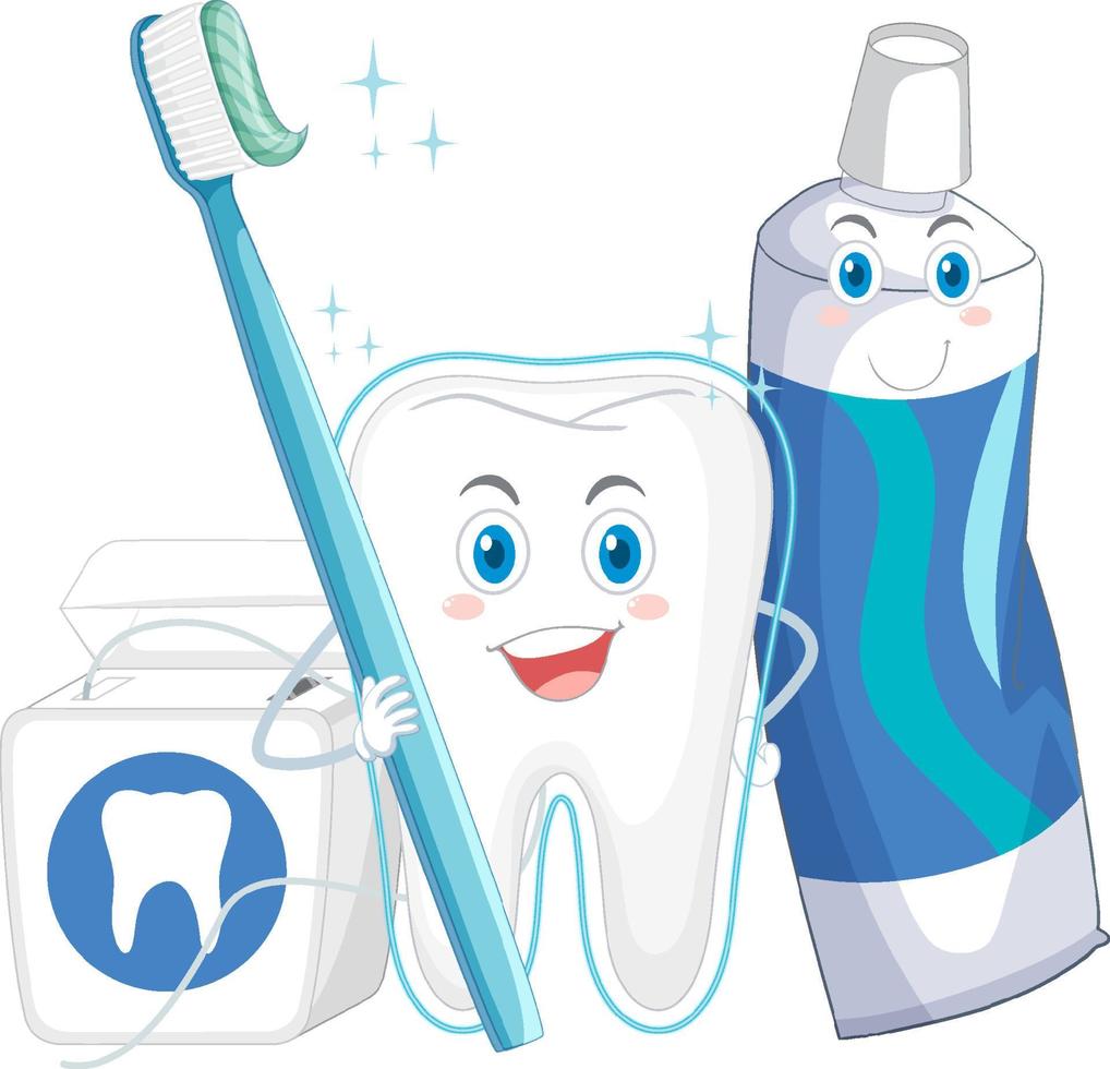 Happy cleaning a big tooth with a brush and dental floss vector