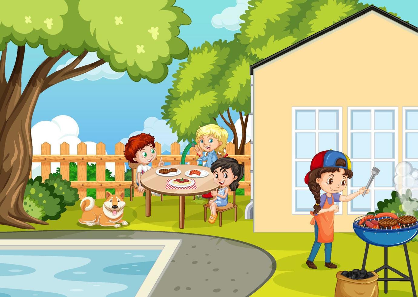 Scene of backyard with kids and fence vector