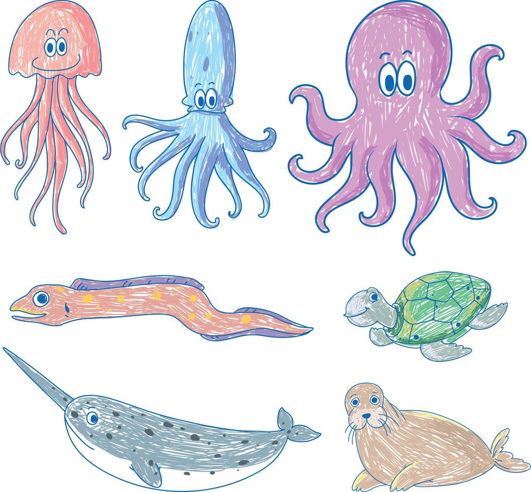 A paper with a doodle design of the different sea creatures with colour vector