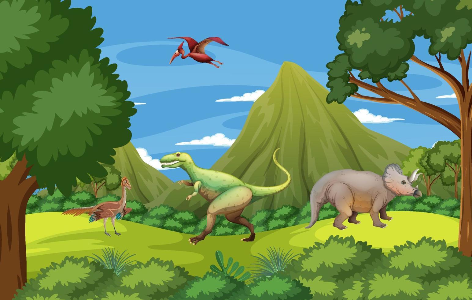 escena con dinosaurios en el bosque vector