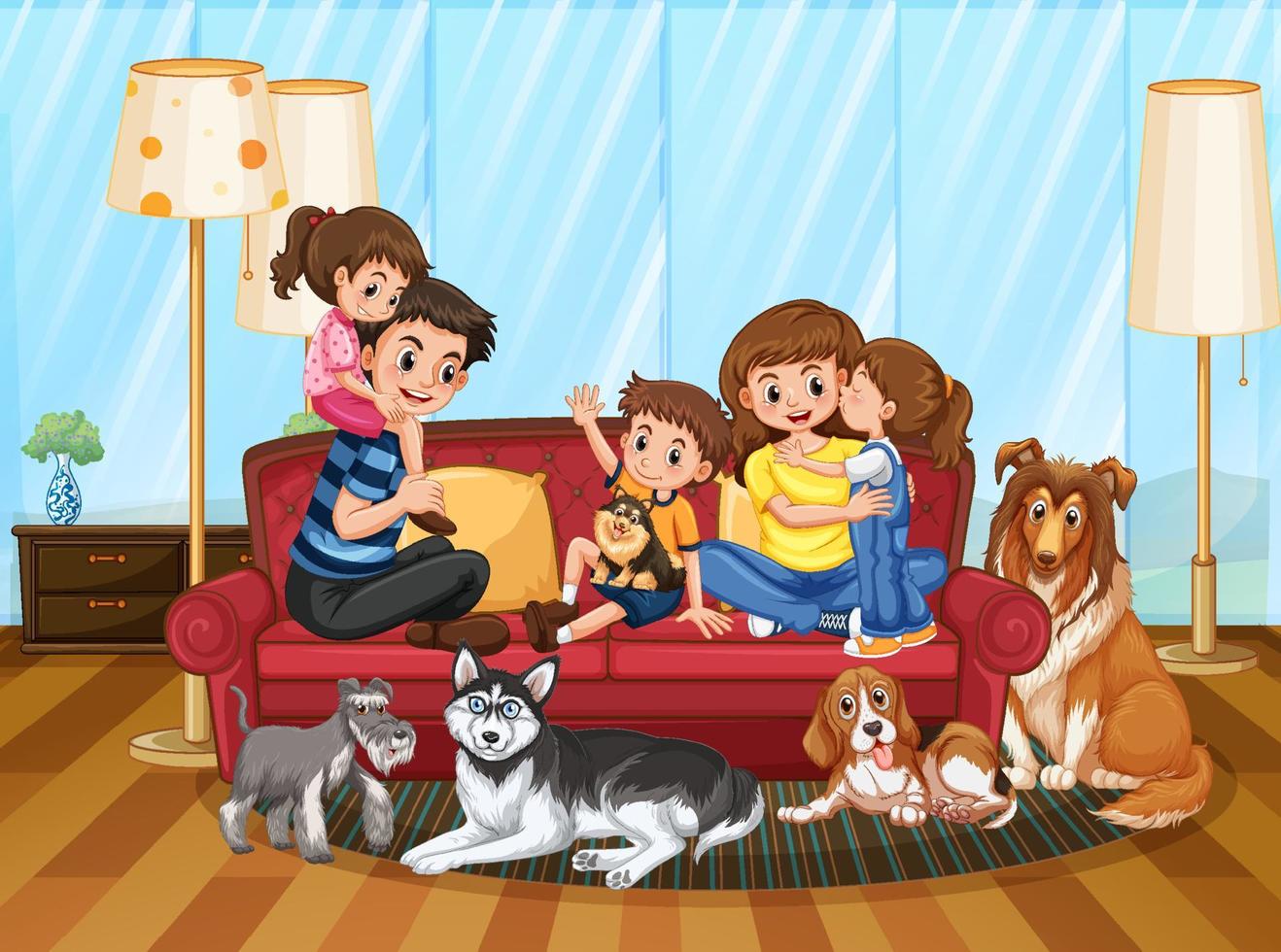 Happy family with their pet in the living room 6350614 Vector Art at  Vecteezy