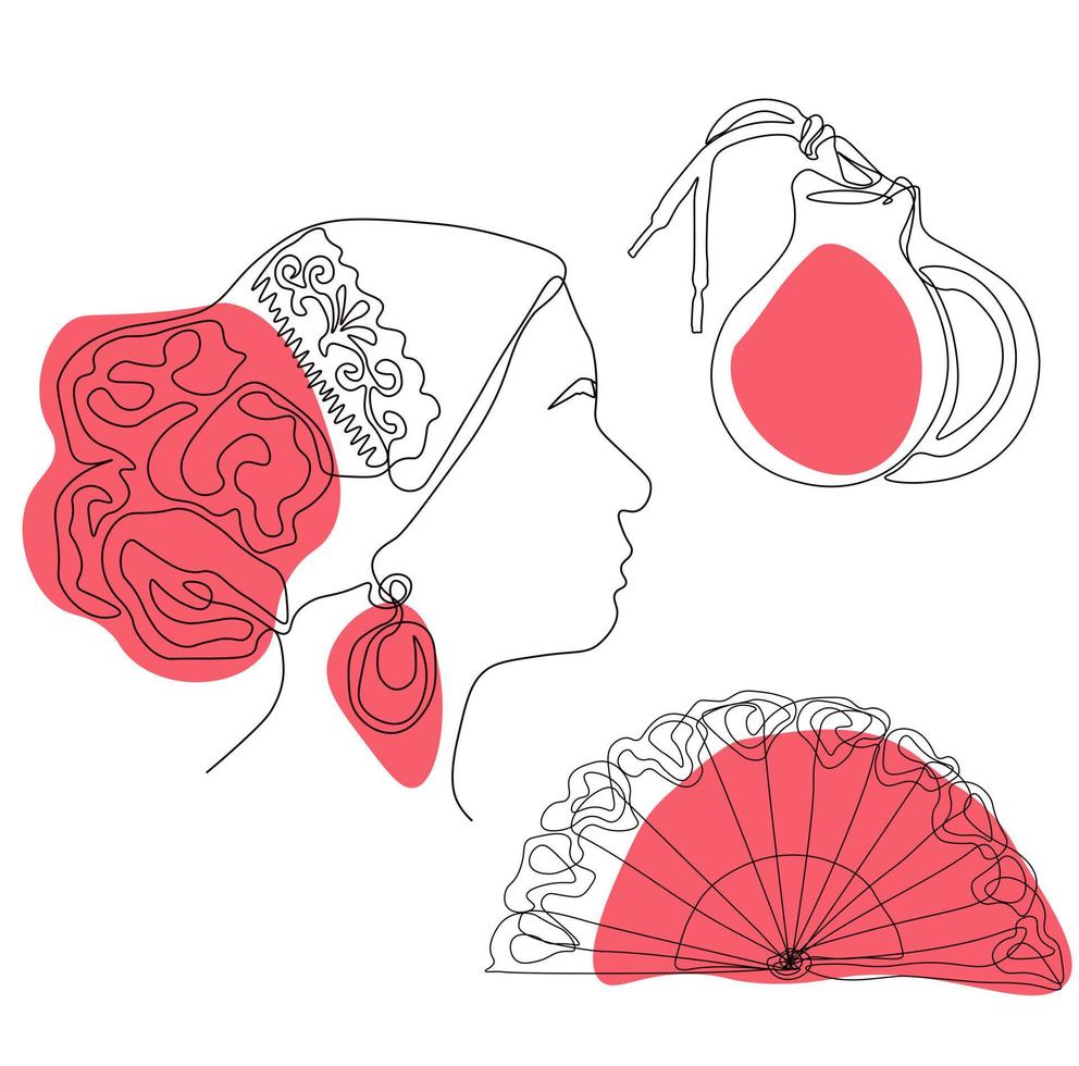 conjunto de iconos de flamenco ilustración vectorial de stock. castañuelas, zapatos, veleta. musica tradicional española. siluetas negras aisladas sobre un fondo blanco. vector