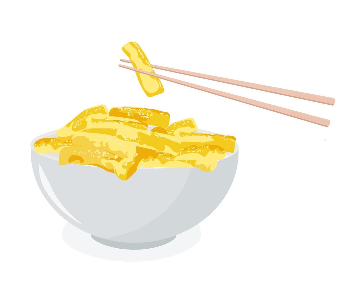 Tteokbokki is on a bowl vector stock illustration. Traditional Korean food. Chopsticks. rice cake, red pepper sauce and vegetables.Isolated on a white background.