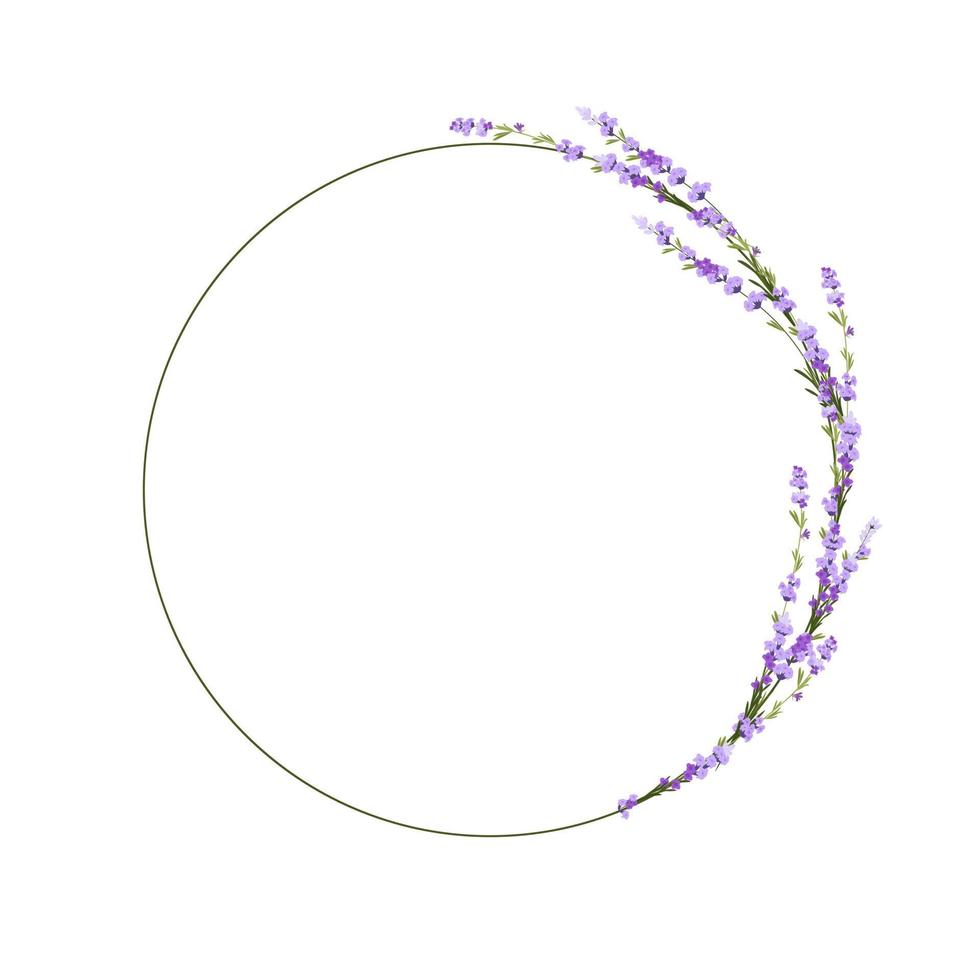 Round frame made of lavender flowers. vector stock illustration. Delicate lilac buds. Purple template for a wedding invitation. Isolated on a white background.