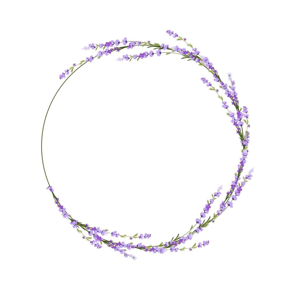 Round frame made of lavender flowers. vector stock illustration. Delicate lilac buds. Purple template for a wedding invitation. Isolated on a white background.