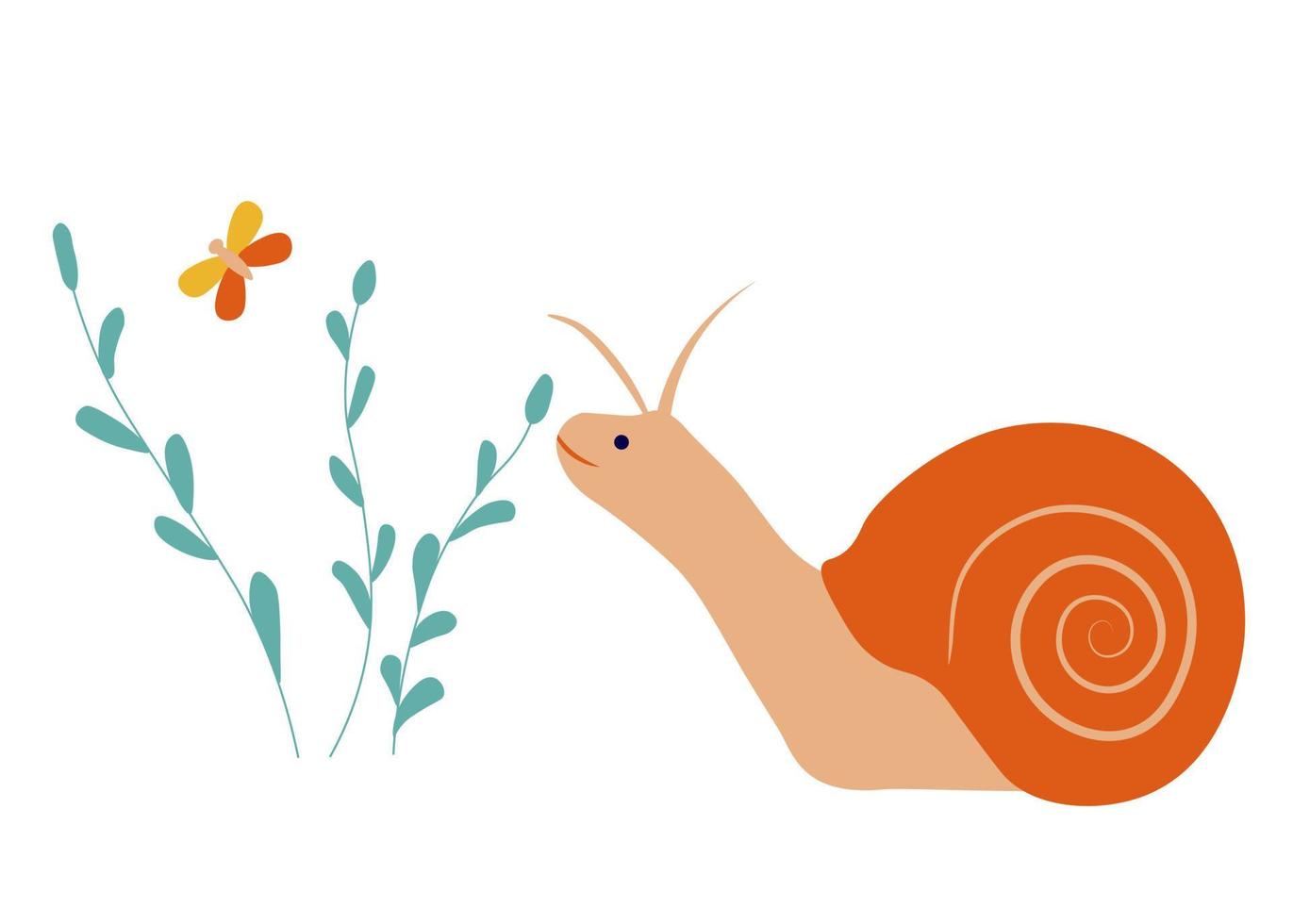 Snail vector stock illustration. Children's spring greeting card. Isolated on a white background.
