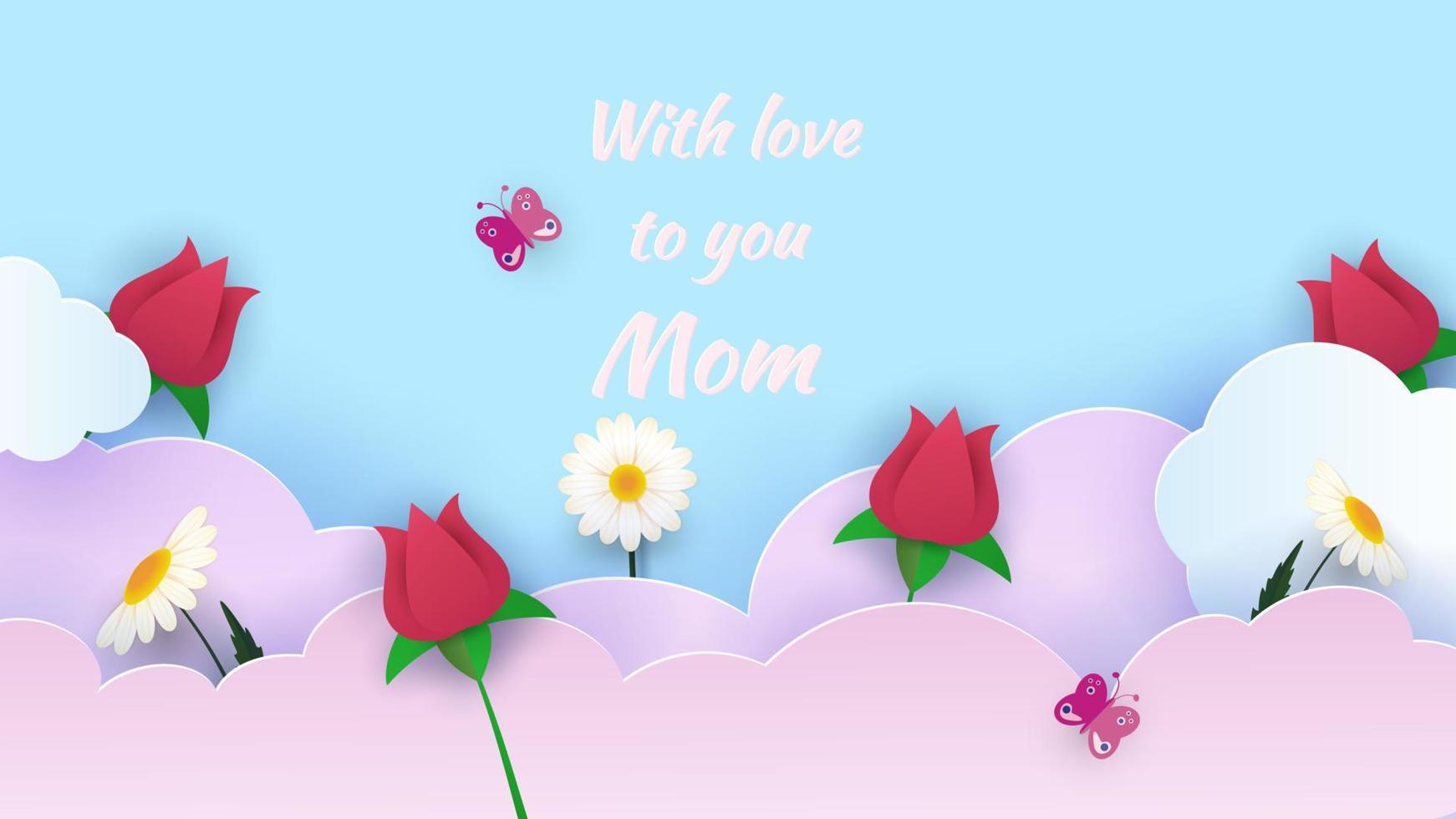 Happy Mother s Day sale header or voucher template. Roses, daisies and paper-cut clouds. Horizontal banner with blue sky and flowers. Congratulatory text. Vector